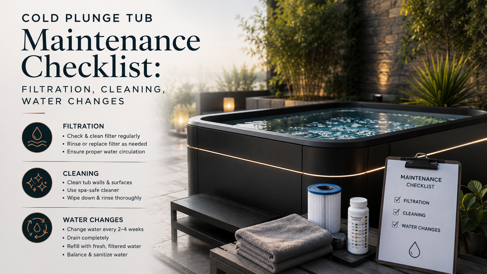 Cold Plunge Tub Maintenance Checklist: Filtration, Cleaning, Water Changes